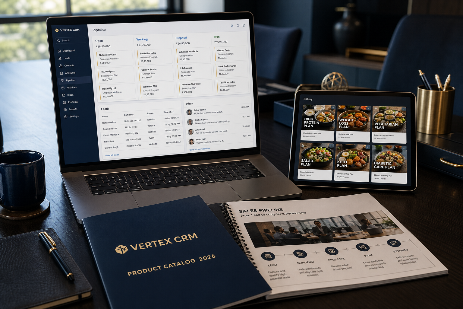 VertexCRM product catalog — pipeline, Inbox, and gallery on a boardroom table